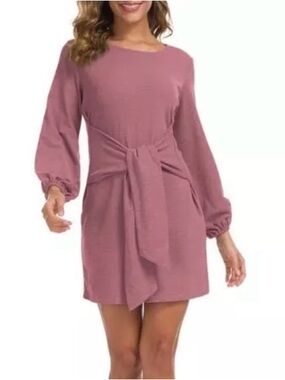 Long Sleeve Tie-Waist Dress in Dusty Rose